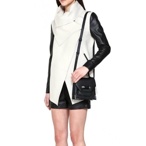 NWT$750 Mackage Shea Vane Draped Wrap Leather-Sleeve Wool Coat Jacket - Picture 3 of 16